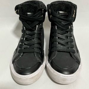 TOMMY HILFIGER Womens Flat Sneakers Black Suede Leather Faux Fur High Top Sz 8.5